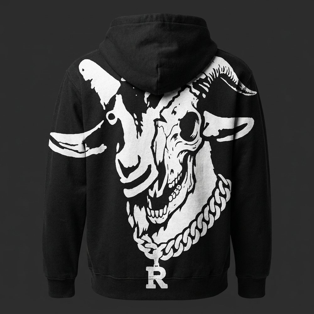 Black hoodie, back print of the crowned goat turning to half skull