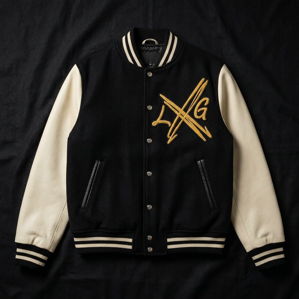 Black and cream varsity jacket, gold chenille L/G